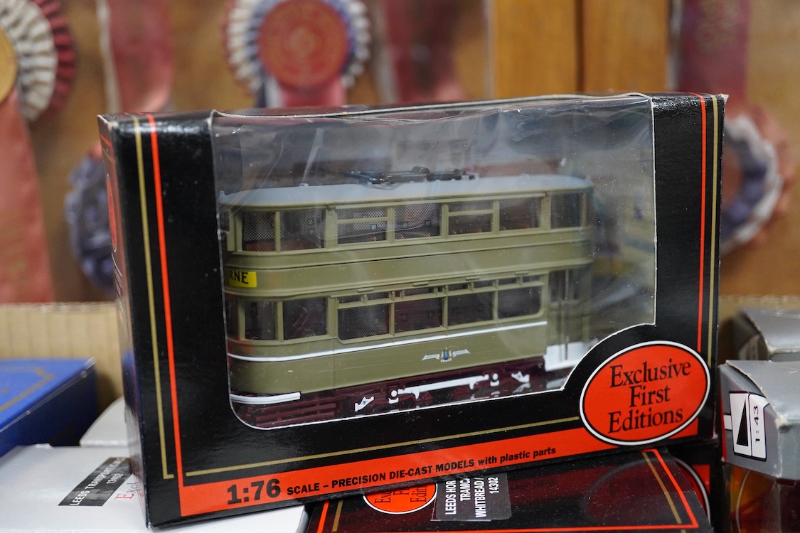 Forty-five boxed diecast trams, buses and other commercial vehicles by Corgi Classic, Corgi OOC, and EFE, operators include Leeds tram, the Tate & Lyle Story set, Blackpool Corporation Transport (seven examples), Thornyc